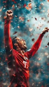 Scarlet striker erupts in victory beneath a storm of confetti