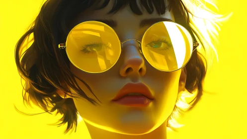 Hyperreal yellow portrait with oversized tinted round glasses