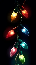Digital painting of multicolor holiday lights on black field.