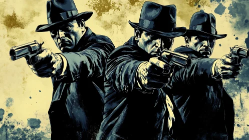 Three noir gunmen advance through splattered urban shadows