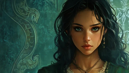 Dark haired woman stares forward against ornate teal wall
