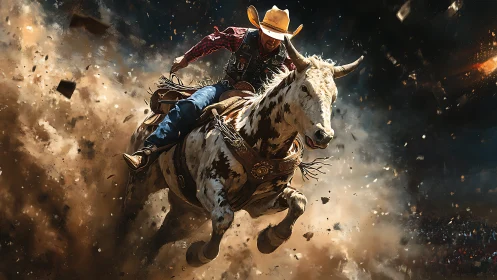 Rodeo cowboy drives bull through exploding dust arena.