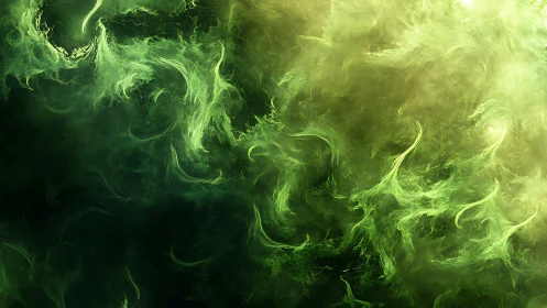 Emerald plasma clouds swirl across deep luminous void