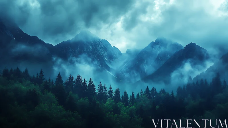 Moody alpine peaks emerging through luminous teal mist.