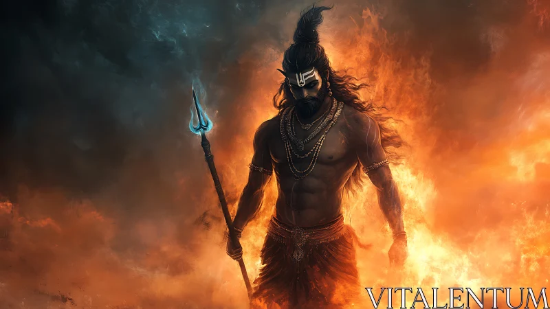 Fire clad warrior god strides through blazing inferno.