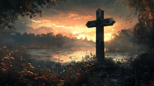 Weathered lakeside cross converses softly with the sunset sky