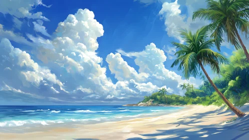 Tropical Beach Paradise with Palm Trees and Dramatic Sky