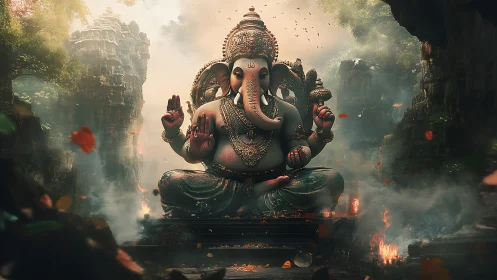 Highly detailed Ganesha statue in atmospheric ruined temple courtyard