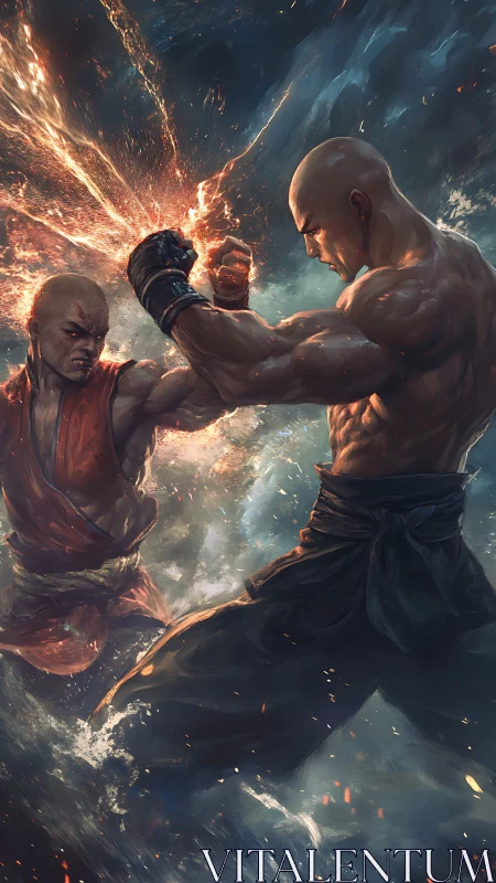 Kinetic clash of martial artists in elemental energy burst.