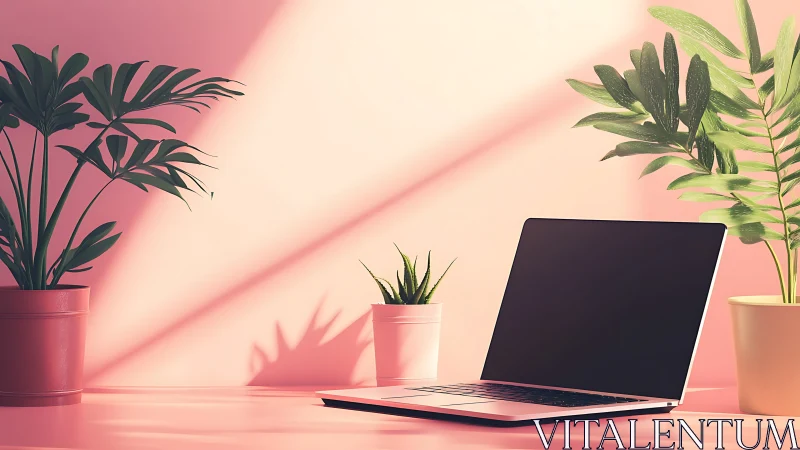 Laptop with potted plants on pink surface in side lighting.