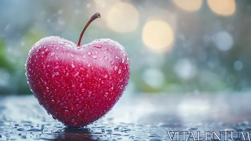 Water droplets on red heart shaped fruit in soft light.