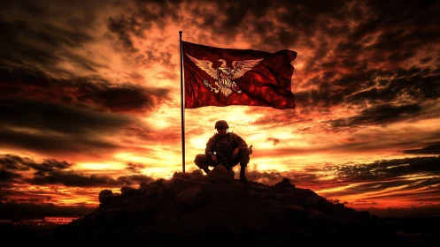 Sunset bunker crowns a lone soldier beneath a burning banner