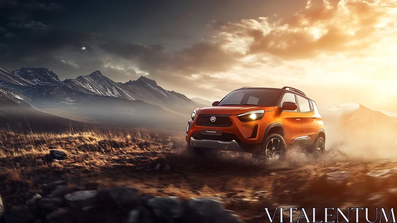 Orange off-road SUV powers through rugged mountain trail.