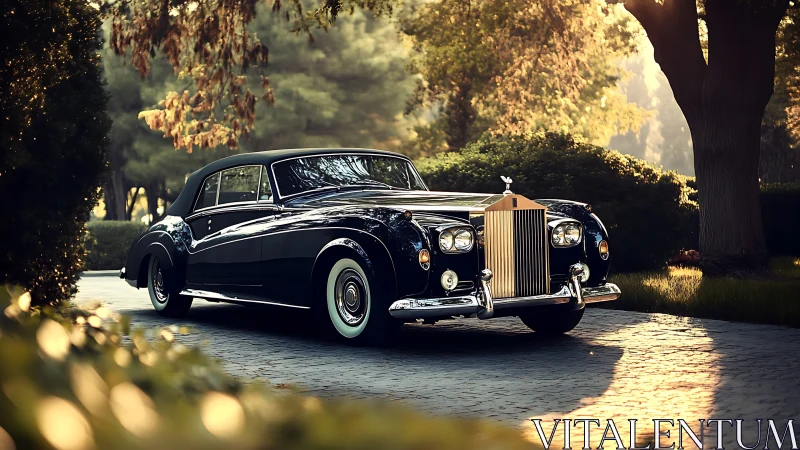 Classic luxury coupe gleams on a sunlit garden drive.