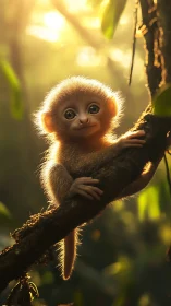 Golden backlit baby monkey on rainforest branch portrait.