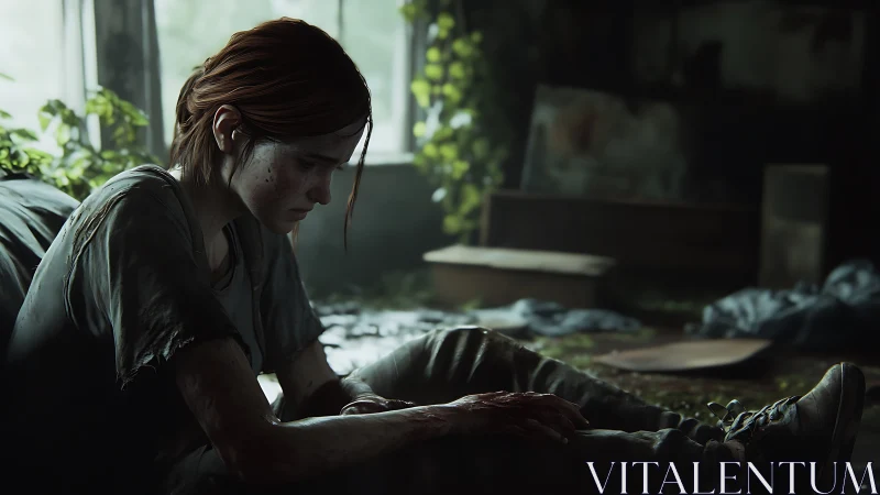 Photorealistic character study in ruined interior light framing.