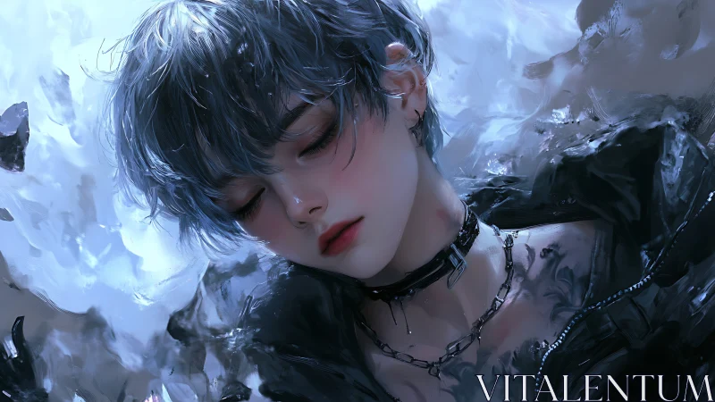 Androgynous figure in icy blue palette with ethereal lighting.