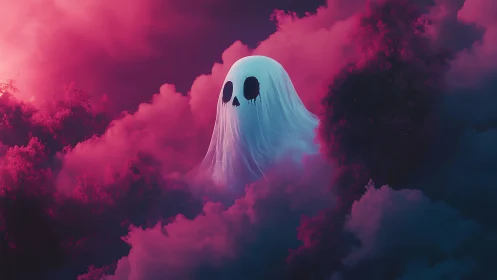 Ghostly spirit drifts through neon pink and violet storm clouds