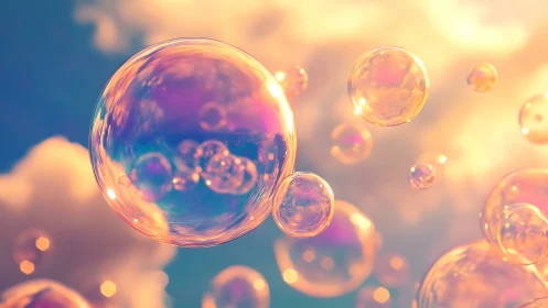 Iridescent soap bubbles in warm sunset backlight, shallow depth