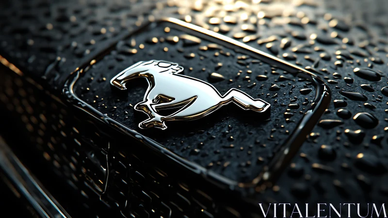 Rain-kissed chrome horse emblem on sleek midnight grille.