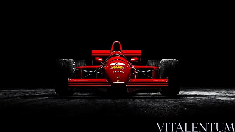 Front-on studio render of red open-wheel race car, low key