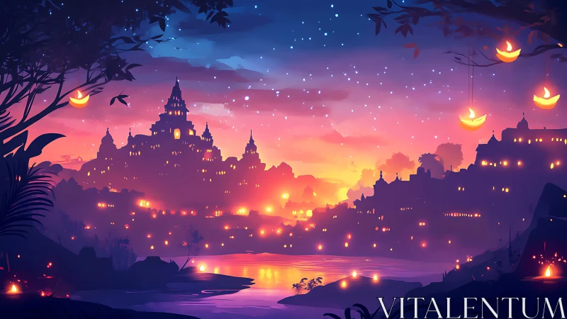 Enchanted riverside city glows under vivid twilight sky