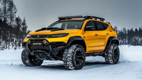 Lifted yellow expedition SUV with arctic offroad modifications