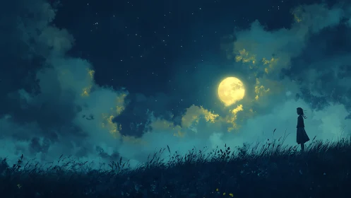 Silhouetted figure on hillside under full moonlit sky.