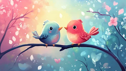 Two feathered sweethearts share secrets on springtime branch