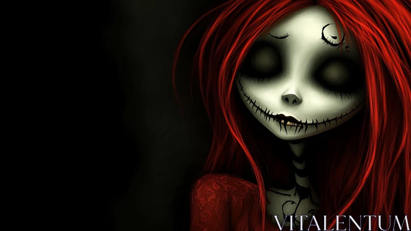 Gentle gothic girl with red hair in a dreamy dark glow.