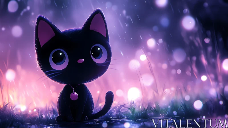 Luminescent Black Cat in Purple Bokeh Fantasy Environment.