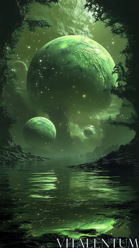 Tri-spherical exoplanet system over bioluminescent lagoon.