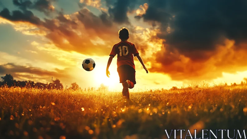 Silhouetted youth playing soccer on field at vivid sunset.