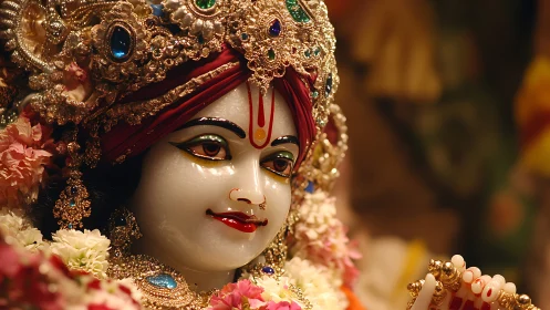 Ornate deity statue in jeweled crown and warm temple glow.