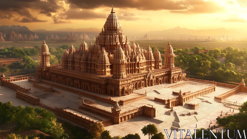 Sunlit stone temple complex occupies elevated landscaped plateau