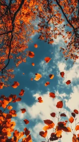 Golden autumn leaves drifting gently across blue sky.