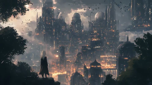 Lone wanderer gazing over a glowing dreamlike cityscape.