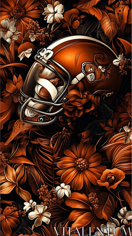 Digital painting of orange football helmet in floral fieldscape.