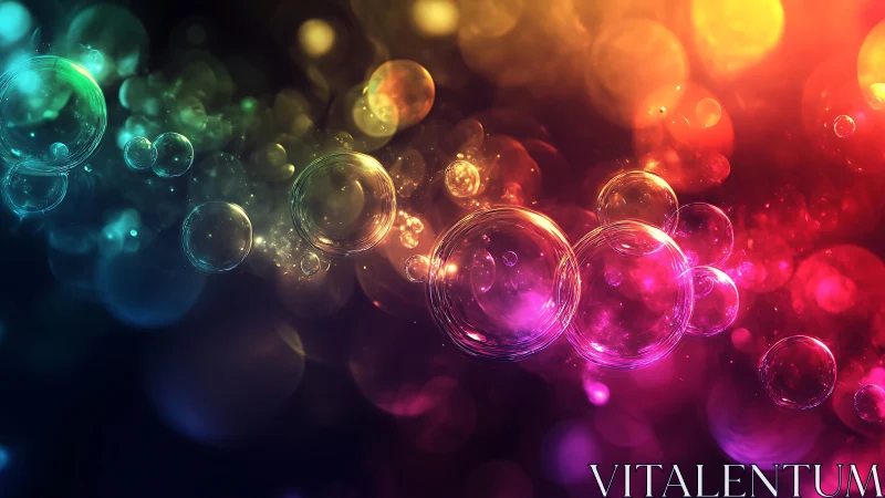 Luminous rainbow bubbles drift through vibrant bokeh field.