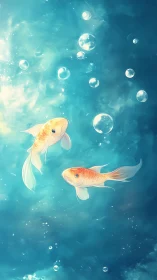 Koi pair rendered in translucent teal water with volumetric bubbles