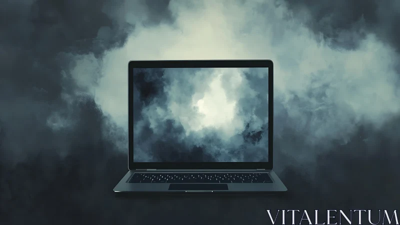 Laptop screen displays dense digital cloud texture in frame