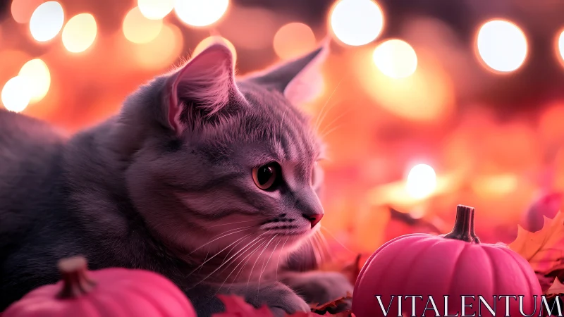 A Cat's Enchanted Evening Among Glowing Pumpkins.