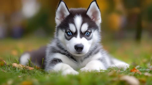 Siberian Husky puppy lies on grass with sharp blue eyes