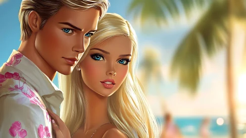 Blonde beach couple share an intense sunset gaze together