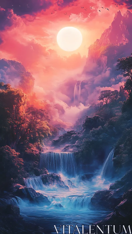 Dreamy glowing waterfalls under a radiant fantasy sky.