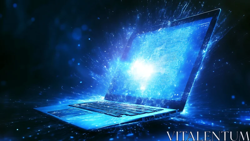 Luminous laptop explodes with electric blue digital energy