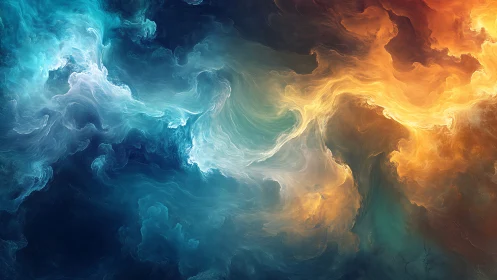 Turbulent blue orange nebula rendered as fluid dynamic color fields