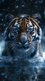 Tiger with blue eyes standing in icy water at night.