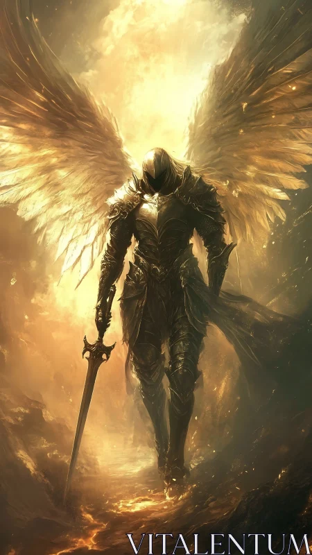 Armored seraph descends through molten chasm with radiant backlight