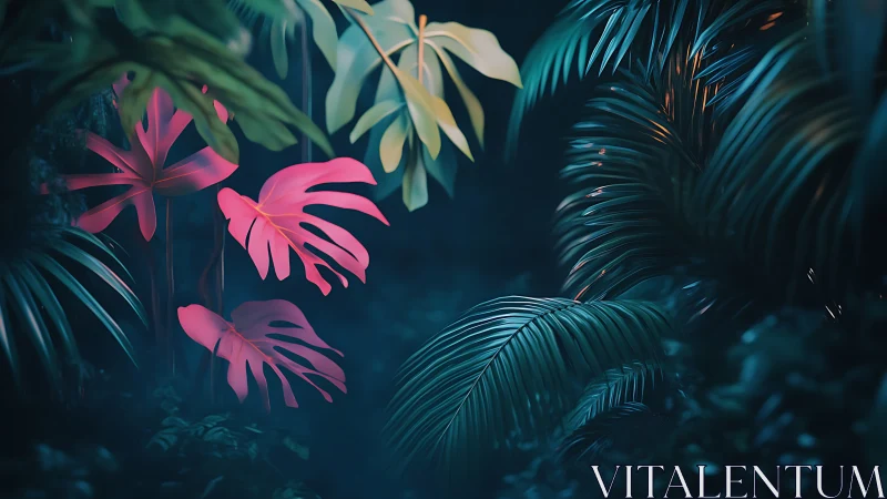 Digital foliage scene isolates pink leaves against dark jungle